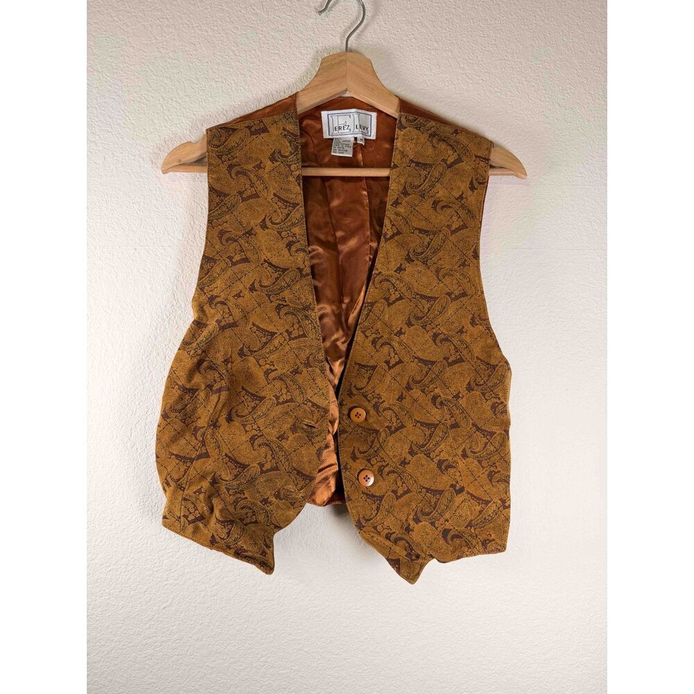 Vintage Erez Levy Paisley Printed Leather Vest Western Boho Satin Back Size M